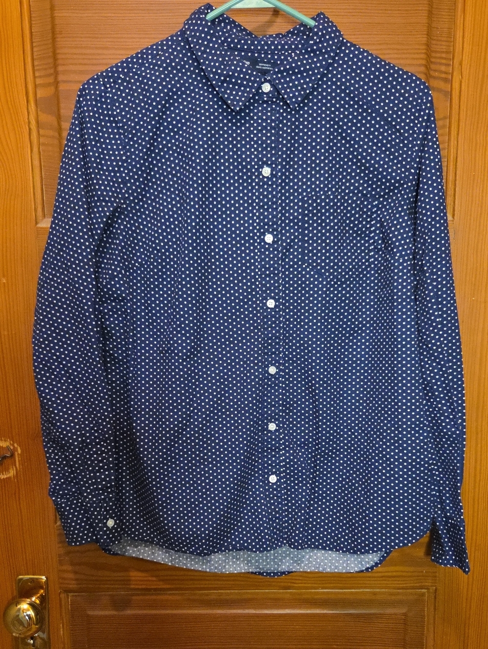 GAP Navy Blue Button-Up Blouse with White Polka Dots